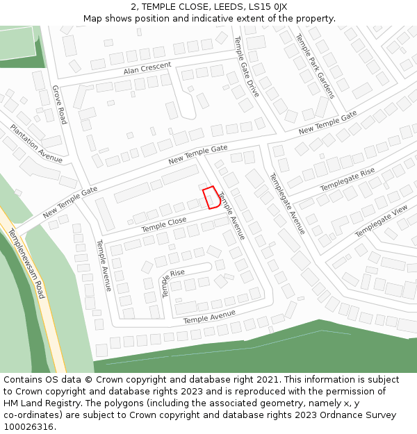 2, TEMPLE CLOSE, LEEDS, LS15 0JX: Location map and indicative extent of plot