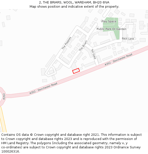 2, THE BRIARS, WOOL, WAREHAM, BH20 6NA: Location map and indicative extent of plot