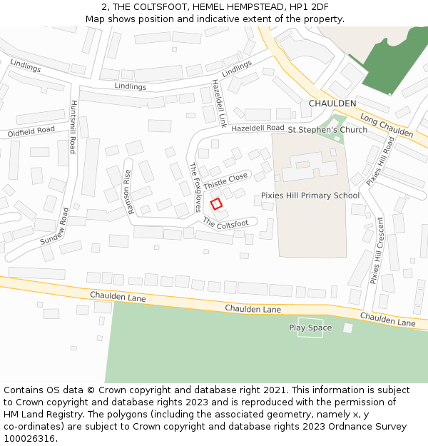 2, THE COLTSFOOT, HEMEL HEMPSTEAD, HP1 2DF: Location map and indicative extent of plot