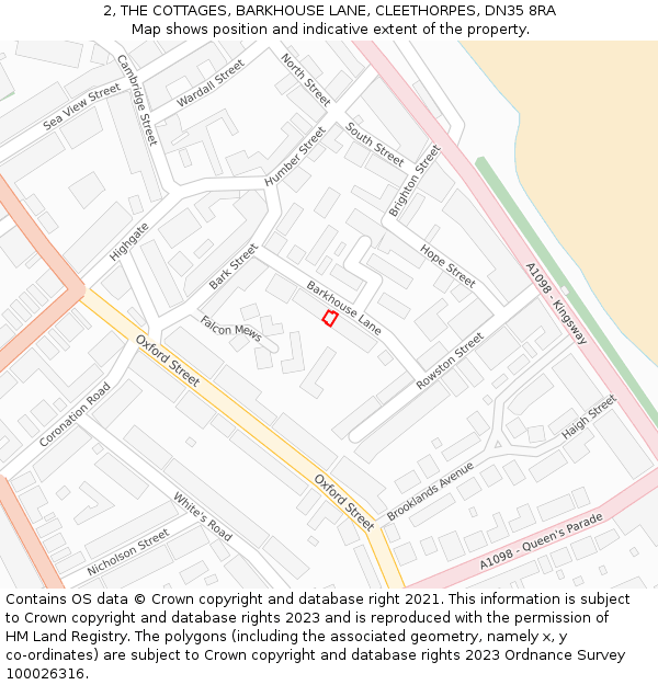 2, THE COTTAGES, BARKHOUSE LANE, CLEETHORPES, DN35 8RA: Location map and indicative extent of plot