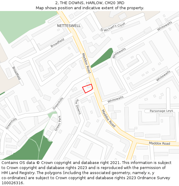 2, THE DOWNS, HARLOW, CM20 3RD: Location map and indicative extent of plot