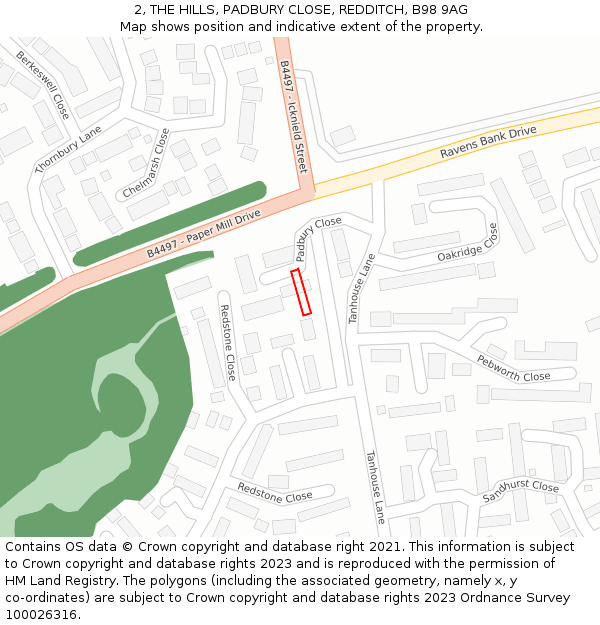 2, THE HILLS, PADBURY CLOSE, REDDITCH, B98 9AG: Location map and indicative extent of plot
