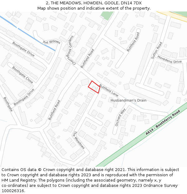 2, THE MEADOWS, HOWDEN, GOOLE, DN14 7DX: Location map and indicative extent of plot