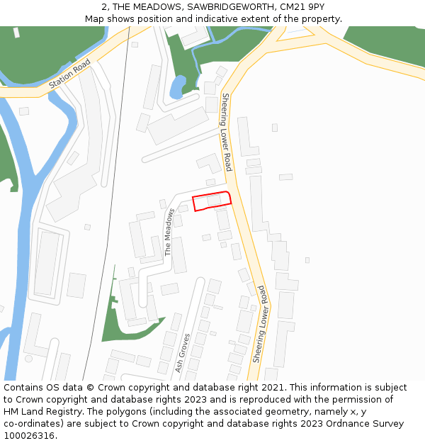 2, THE MEADOWS, SAWBRIDGEWORTH, CM21 9PY: Location map and indicative extent of plot