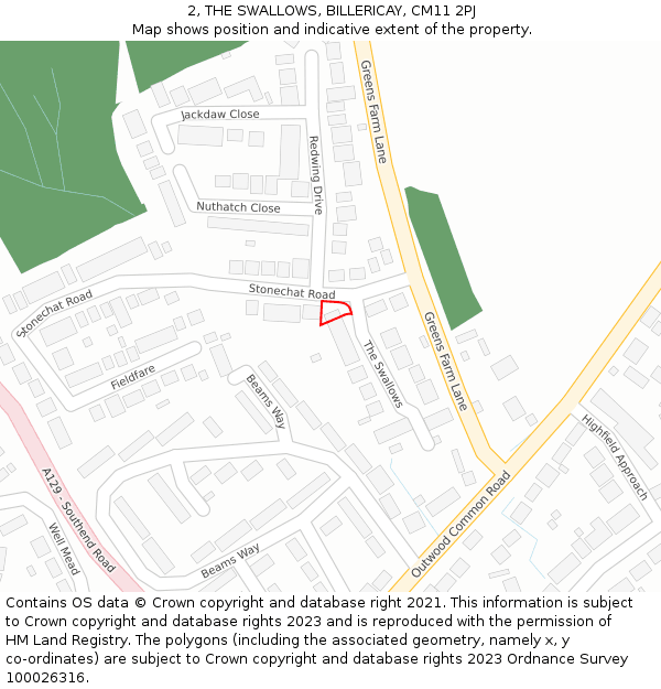 2, THE SWALLOWS, BILLERICAY, CM11 2PJ: Location map and indicative extent of plot
