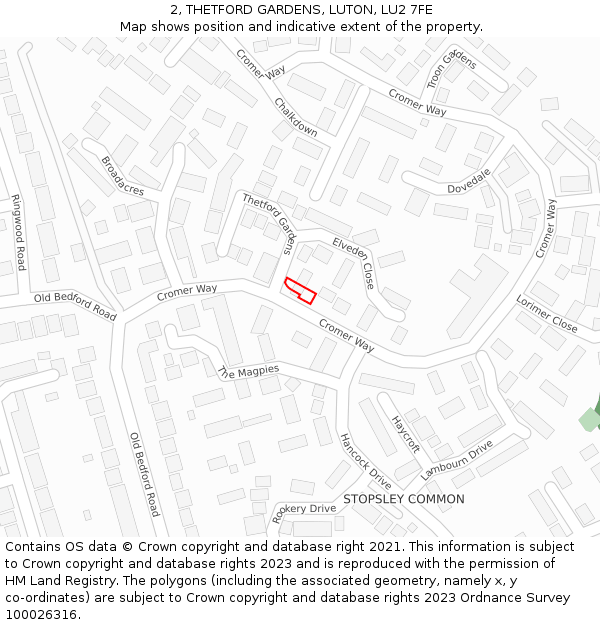 2, THETFORD GARDENS, LUTON, LU2 7FE: Location map and indicative extent of plot