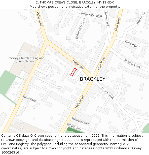 2, THOMAS CREWE CLOSE, BRACKLEY, NN13 6DX: Location map and indicative extent of plot