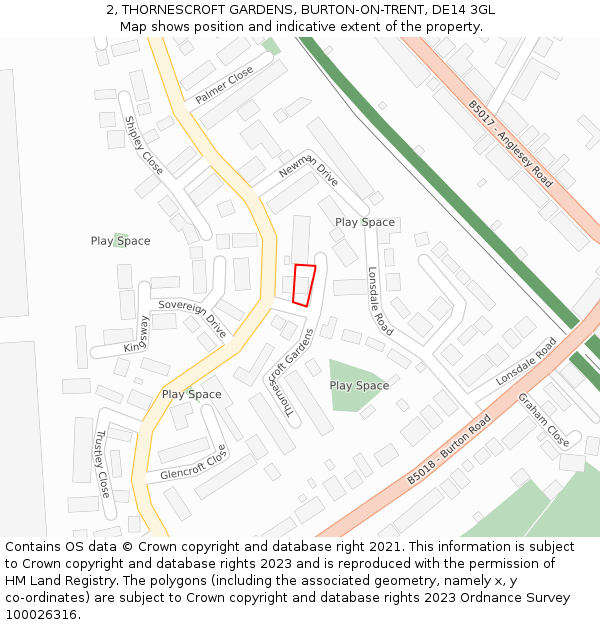 2, THORNESCROFT GARDENS, BURTON-ON-TRENT, DE14 3GL: Location map and indicative extent of plot
