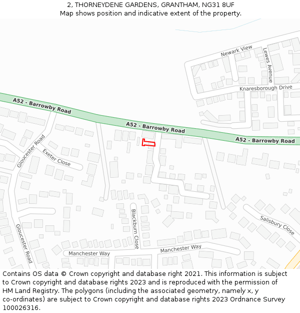 2, THORNEYDENE GARDENS, GRANTHAM, NG31 8UF: Location map and indicative extent of plot