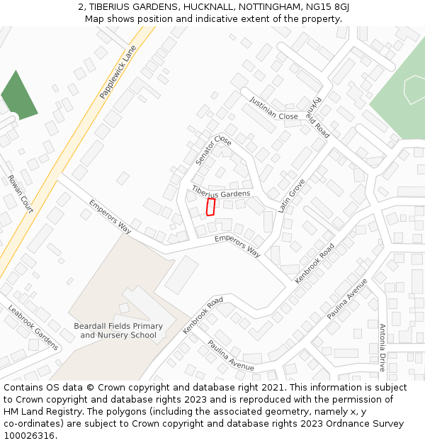 2, TIBERIUS GARDENS, HUCKNALL, NOTTINGHAM, NG15 8GJ: Location map and indicative extent of plot