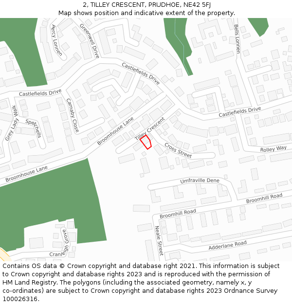 2, TILLEY CRESCENT, PRUDHOE, NE42 5FJ: Location map and indicative extent of plot