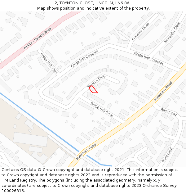 2, TOYNTON CLOSE, LINCOLN, LN6 8AL: Location map and indicative extent of plot
