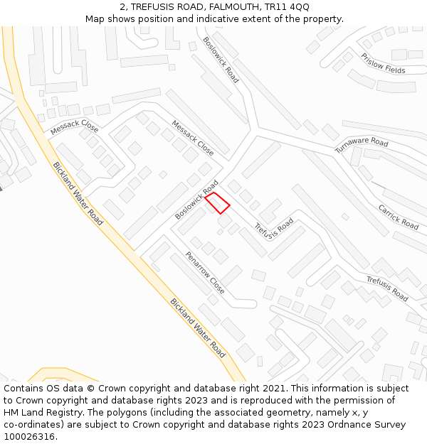 2, TREFUSIS ROAD, FALMOUTH, TR11 4QQ: Location map and indicative extent of plot