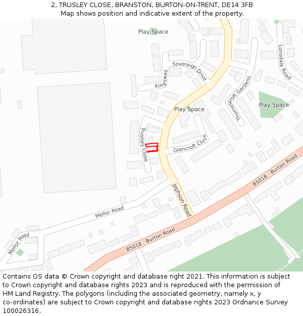 2, TRUSLEY CLOSE, BRANSTON, BURTON-ON-TRENT, DE14 3FB: Location map and indicative extent of plot