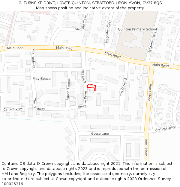 2, TURNPIKE DRIVE, LOWER QUINTON, STRATFORD-UPON-AVON, CV37 8QS: Location map and indicative extent of plot