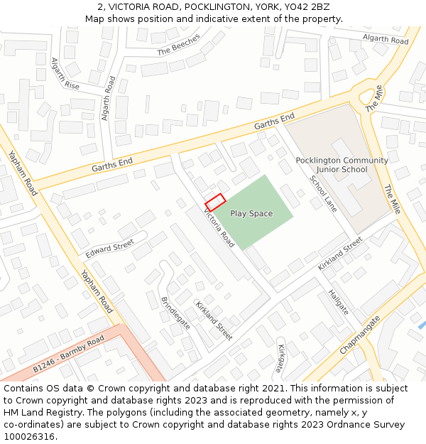 2, VICTORIA ROAD, POCKLINGTON, YORK, YO42 2BZ: Location map and indicative extent of plot