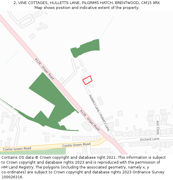 2, VINE COTTAGES, HULLETTS LANE, PILGRIMS HATCH, BRENTWOOD, CM15 9RX: Location map and indicative extent of plot