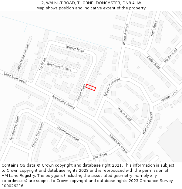 2, WALNUT ROAD, THORNE, DONCASTER, DN8 4HW: Location map and indicative extent of plot