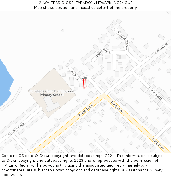 2, WALTERS CLOSE, FARNDON, NEWARK, NG24 3UE: Location map and indicative extent of plot
