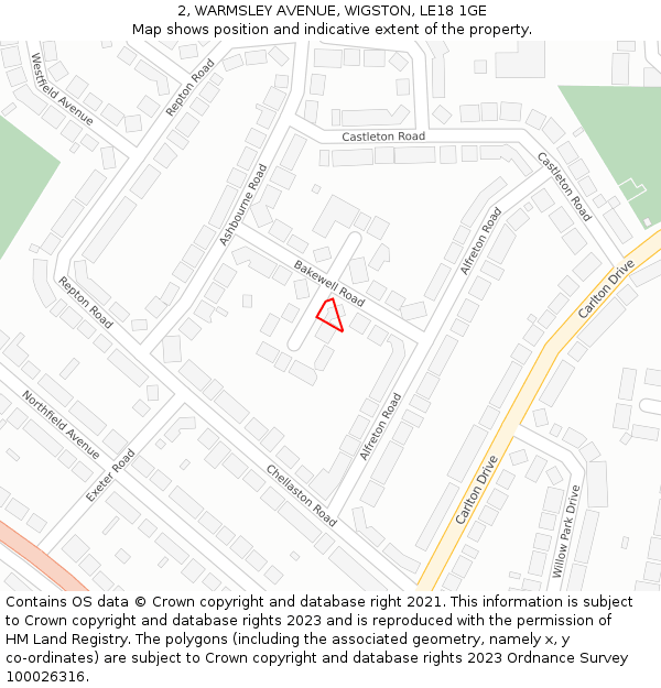 2, WARMSLEY AVENUE, WIGSTON, LE18 1GE: Location map and indicative extent of plot