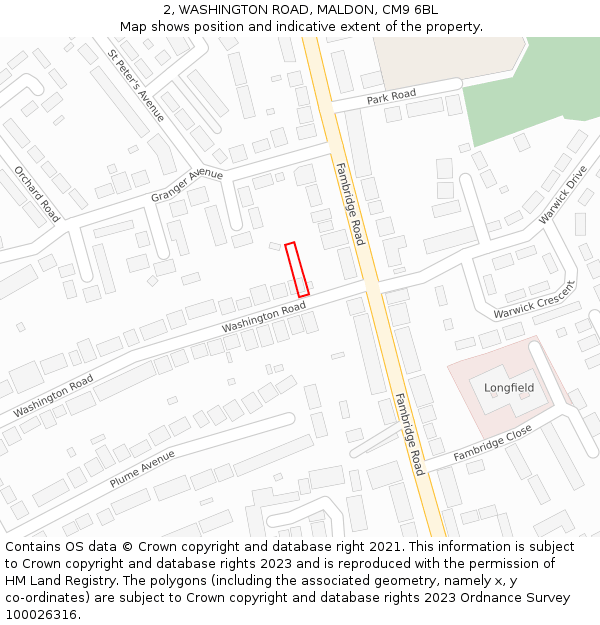 2, WASHINGTON ROAD, MALDON, CM9 6BL: Location map and indicative extent of plot