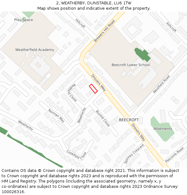 2, WEATHERBY, DUNSTABLE, LU6 1TW: Location map and indicative extent of plot