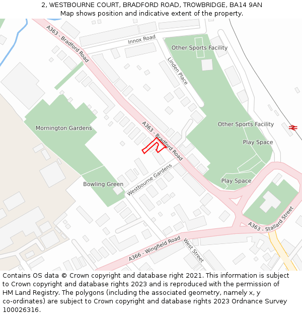2, WESTBOURNE COURT, BRADFORD ROAD, TROWBRIDGE, BA14 9AN: Location map and indicative extent of plot