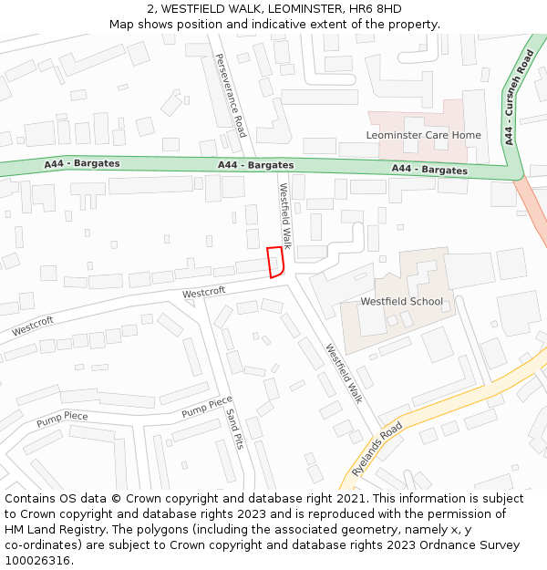 2, WESTFIELD WALK, LEOMINSTER, HR6 8HD: Location map and indicative extent of plot