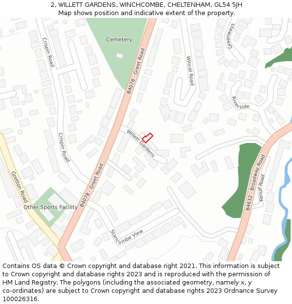 2, WILLETT GARDENS, WINCHCOMBE, CHELTENHAM, GL54 5JH: Location map and indicative extent of plot