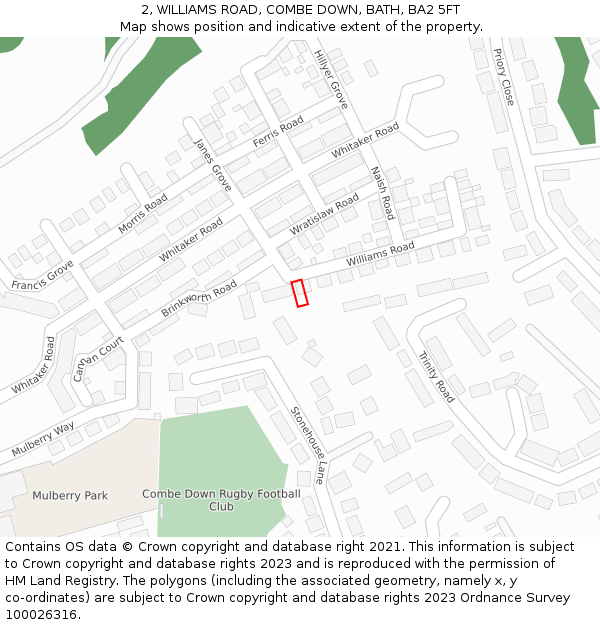 2, WILLIAMS ROAD, COMBE DOWN, BATH, BA2 5FT: Location map and indicative extent of plot