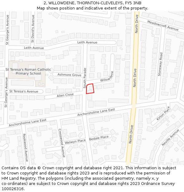 2, WILLOWDENE, THORNTON-CLEVELEYS, FY5 3NB: Location map and indicative extent of plot
