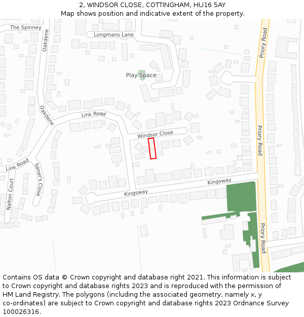 2, WINDSOR CLOSE, COTTINGHAM, HU16 5AY: Location map and indicative extent of plot