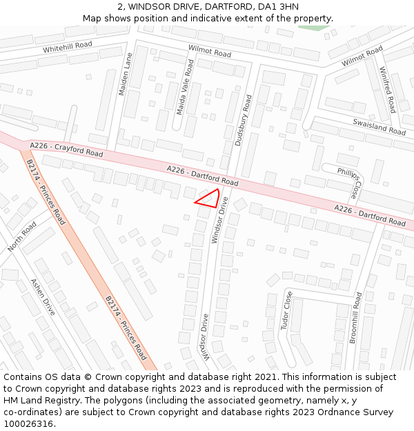 2, WINDSOR DRIVE, DARTFORD, DA1 3HN: Location map and indicative extent of plot