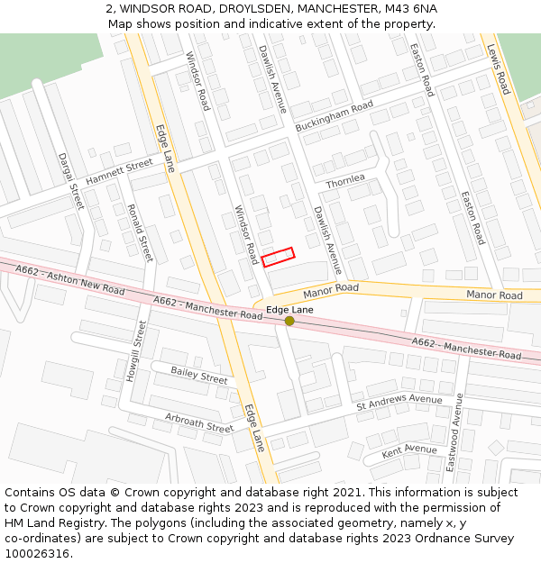 2, WINDSOR ROAD, DROYLSDEN, MANCHESTER, M43 6NA: Location map and indicative extent of plot