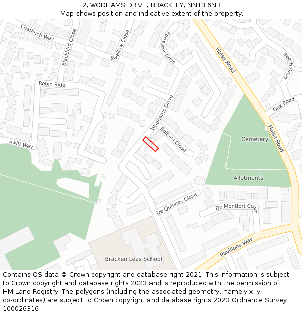 2, WODHAMS DRIVE, BRACKLEY, NN13 6NB: Location map and indicative extent of plot