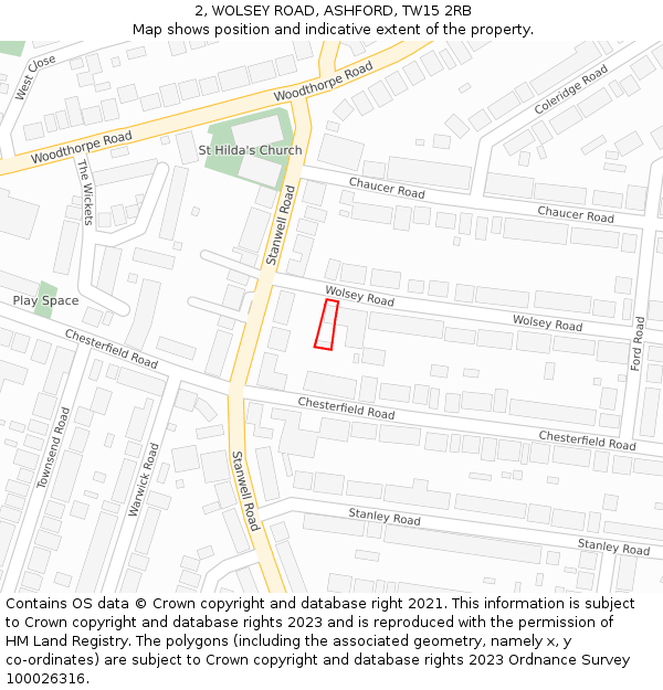 2, WOLSEY ROAD, ASHFORD, TW15 2RB: Location map and indicative extent of plot