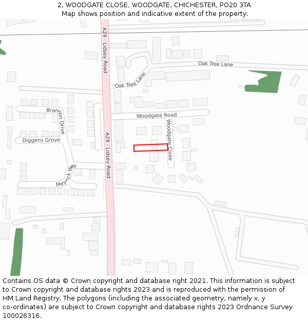 2, WOODGATE CLOSE, WOODGATE, CHICHESTER, PO20 3TA: Location map and indicative extent of plot