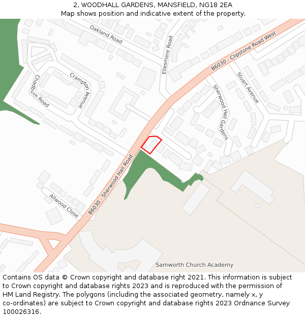 2, WOODHALL GARDENS, MANSFIELD, NG18 2EA: Location map and indicative extent of plot