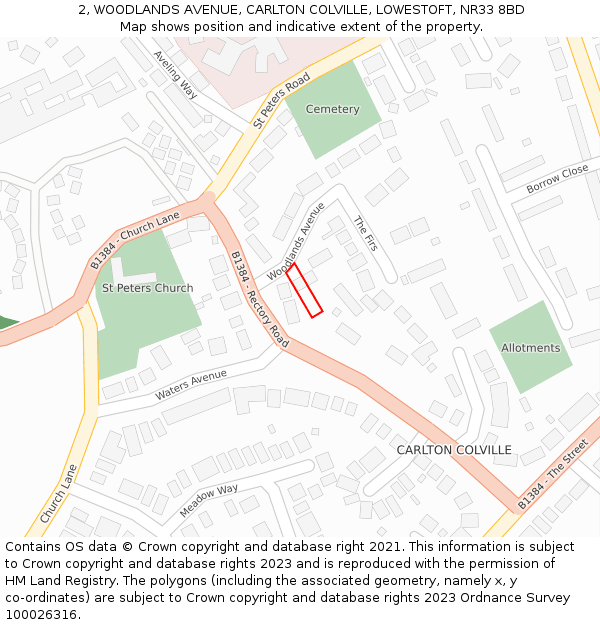2, WOODLANDS AVENUE, CARLTON COLVILLE, LOWESTOFT, NR33 8BD: Location map and indicative extent of plot