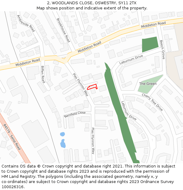 2, WOODLANDS CLOSE, OSWESTRY, SY11 2TX: Location map and indicative extent of plot
