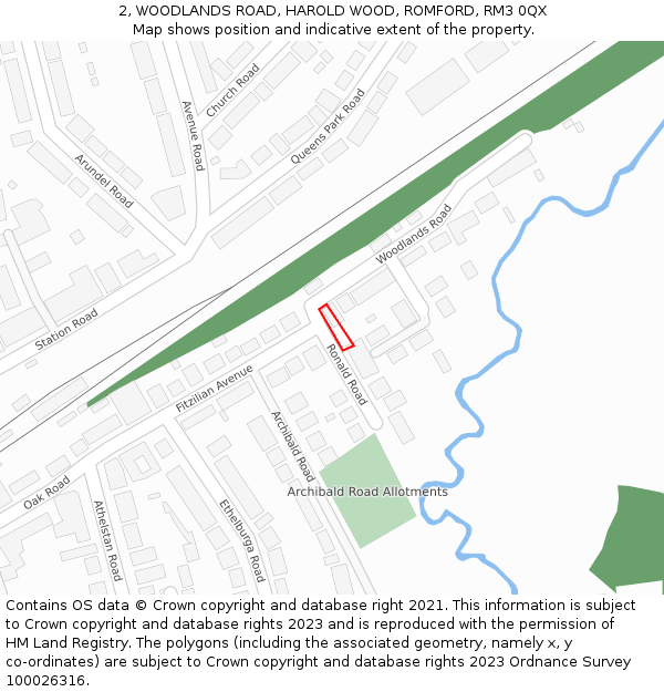 2, WOODLANDS ROAD, HAROLD WOOD, ROMFORD, RM3 0QX: Location map and indicative extent of plot