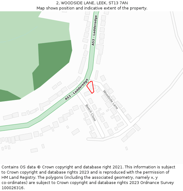 2, WOODSIDE LANE, LEEK, ST13 7AN: Location map and indicative extent of plot