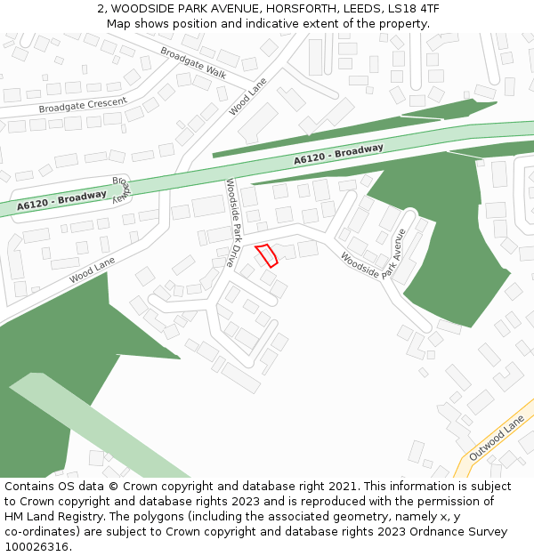 2, WOODSIDE PARK AVENUE, HORSFORTH, LEEDS, LS18 4TF: Location map and indicative extent of plot