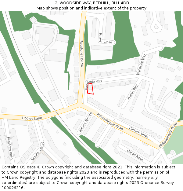 2, WOODSIDE WAY, REDHILL, RH1 4DB: Location map and indicative extent of plot
