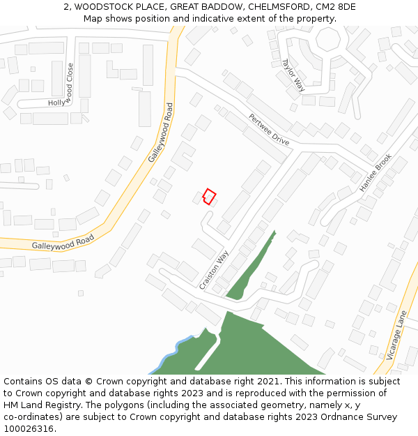 2, WOODSTOCK PLACE, GREAT BADDOW, CHELMSFORD, CM2 8DE: Location map and indicative extent of plot