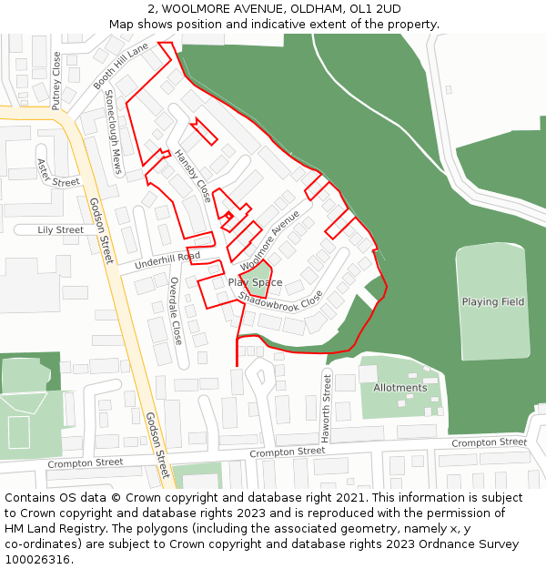 2, WOOLMORE AVENUE, OLDHAM, OL1 2UD: Location map and indicative extent of plot