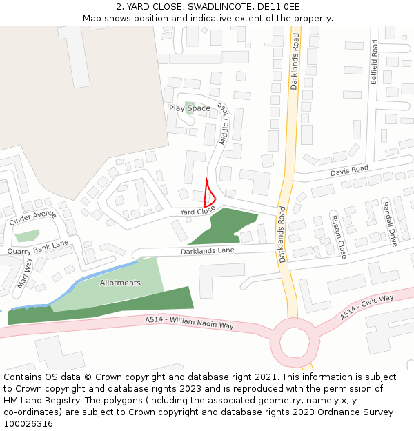 2, YARD CLOSE, SWADLINCOTE, DE11 0EE: Location map and indicative extent of plot