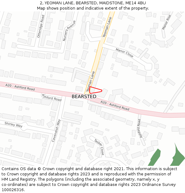 2, YEOMAN LANE, BEARSTED, MAIDSTONE, ME14 4BU: Location map and indicative extent of plot