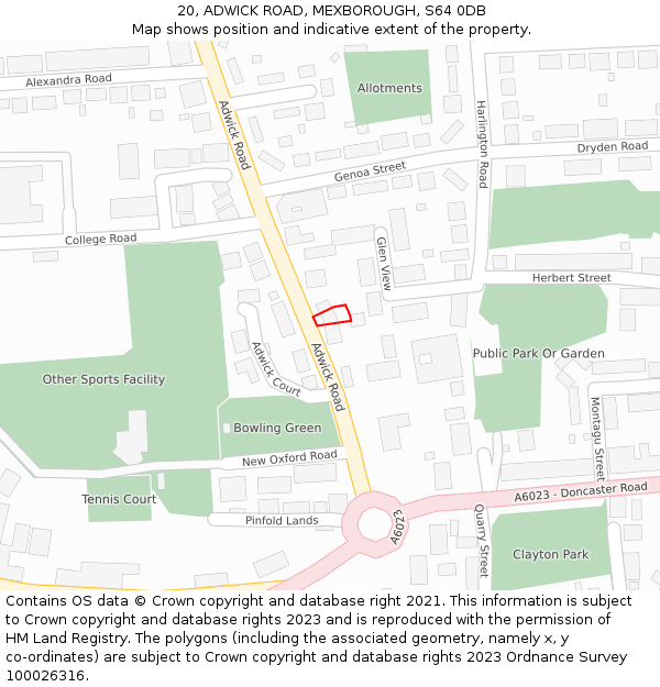 20, ADWICK ROAD, MEXBOROUGH, S64 0DB: Location map and indicative extent of plot