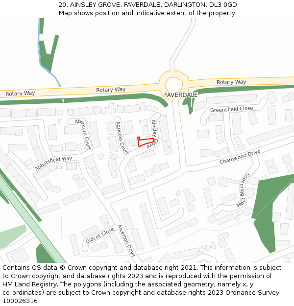 20, AINSLEY GROVE, FAVERDALE, DARLINGTON, DL3 0GD: Location map and indicative extent of plot
